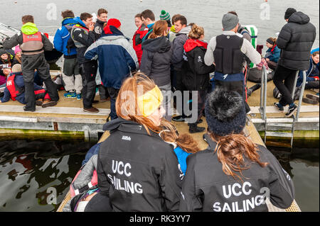 Bantry, West Cork, Irlanda. Il 9 febbraio, 2019. Bantry Sailing Club ospita l'università irlandesi Regata a vela organizzato da UCC, questo weekend quando circa 150 Marinai da 8 università in Irlanda si riuniscono per gare ed eventi sociali. La regata consiste di 80 gare su due giorni in 'Firefly' derive. Credito: Andy Gibson/Alamy Live News. Foto Stock