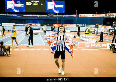 Birmingham, Regno Unito. Il 9 febbraio, 2019. Dominic Ashwel vince Mens 60 metri finale allo Spar British Indoor Athletics Championships di Birmingham, Inghilterra. Credito: Paolo Saripo/Alamy Live News Foto Stock