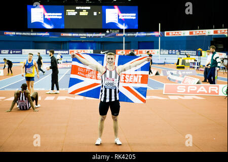 Birmingham, Regno Unito. Il 9 febbraio, 2019. Dominic Ashwel vince Mens 60 metri finale allo Spar British Indoor Athletics Championships di Birmingham, Inghilterra. Credito: Paolo Saripo/Alamy Live News Foto Stock