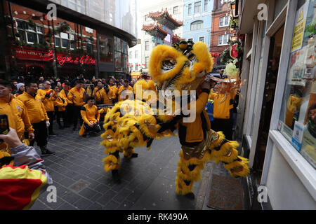 Un Cinese Lion riceve una lattuga, che denota un nuovo inizio, durante una fase di pre-la celebrazione del Capodanno cinese al di fuori della Corea del piccolo ristorante a Lisle Street a Chinatown, Londra, davanti a questo fine settimana la principale Capodanno cinese della domenica che segna l'anno del maiale. Foto Stock