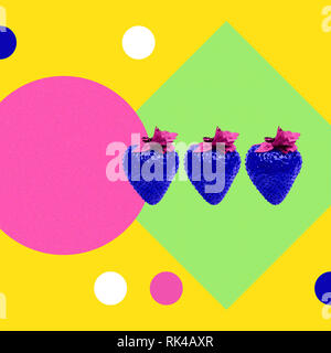 Arte geometrica collage con copia spazio concettuale astratto sfondo con l'immagine di blu di fragole, cerchi colorati e altre forme geometriche Foto Stock