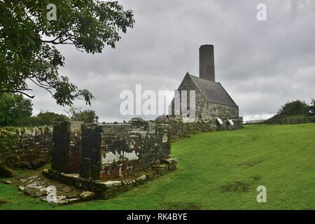 Le rovine di una chiesa più antica e una torre rotonda sull Isola Santa del Lough Derg in Irlanda, nella contea di Clare. Foto Stock