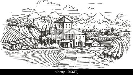 Disegnato a mano paesaggio rurale. Agriturismo, vigneto, agricoltura sketch. Vintage illustrazione vettoriale Illustrazione Vettoriale