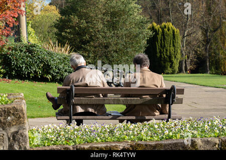 Due uomini sedettero su un posto a sedere del parco che leggeva nei Valley Gardens, Harrogate, North Yorkshire, Inghilterra, Regno Unito. Foto Stock