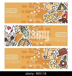 Set di Banner orizzontale circa il selvaggio west. Illustrazione vettoriale EPS, 10 Illustrazione Vettoriale