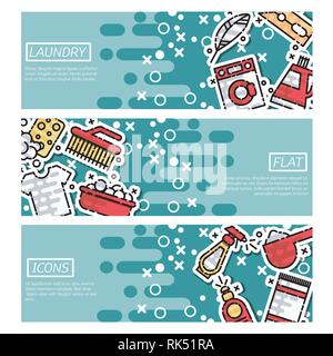 Servizio lavanderia Banner orizzontale impostato con il lavoro professionale simboli isolati piatta illustrazione vettoriale Illustrazione Vettoriale