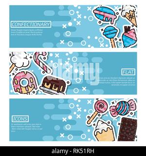 Set di Banner orizzontale circa dolciaria. Dipinti a mano. Per cafe,holiday Illustrazione Vettoriale