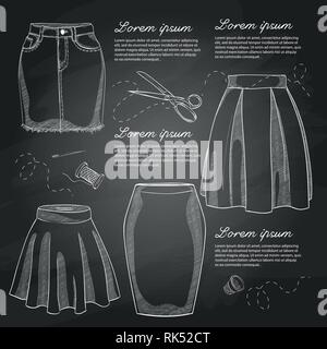 Set di donna casual gonne. Piatto semplice illustrazione vettoriale su una lavagna Illustrazione Vettoriale