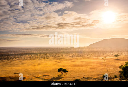 Un tramonto meraviglioso a Savannah pianure nel parco nazionale orientale di Tsavo, Kenya Foto Stock