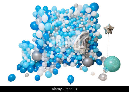 Blu e bianco palloncini isolati su sfondo bianco. Numero d'argento 4, 4  palloncino metallizzato. Parte decorazione palloncini. Anniversario segno  Foto stock - Alamy