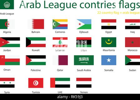 Gli Stati membri della Lega Araba, set di bandiere nazionali (Lega degli Stati arabi, internazionale organizzazione regionale), illustrazione vettoriale, piatto icone. Illustrazione Vettoriale