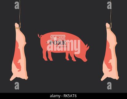 Maiale, carne di maiale. Logo vintage, retro stampa poster per la macelleria negozio di carne con testo, tipografia di maiale, carne Shop, Azienda agricola coltivata, maiale silhouette. Mercato degli Agricoltori Illustrazione Vettoriale