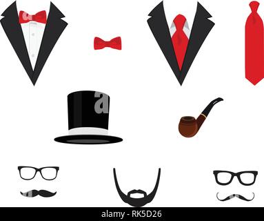 Uomo giacche. Tuxedo con mustaches, bicchieri, barba, tubo e top hat. Tute di nozze con il filtro bow tie e con cravatta. Illustrazione Vettoriale Illustrazione Vettoriale