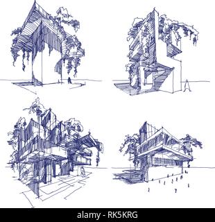 Quattro disegnati a mano schizzi di astratta e moderno edificio con un sacco di verde e di alberi sul tetto e pareti Illustrazione Vettoriale