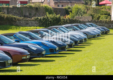 Automobili Porsche in linea parcheggiata su erba Foto Stock