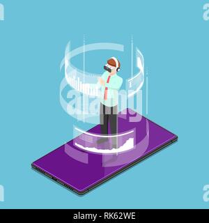 Appartamento 3D isometrica imprenditore indossando la realtà virtuale auricolare e in piedi sullo smartphone. Aumentata e la realtà virtuale concetto tecnologico. Illustrazione Vettoriale