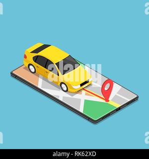 Appartamento 3D isometrica auto utilizzano il GPS navigazione a mappa applicazione sullo smartphone. Mobile GPS navigazione a mappa concetto tecnologico. Illustrazione Vettoriale