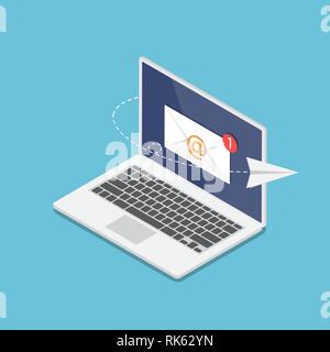 Appartamento 3D isometrica notebook con la nuova notifica di posta elettronica sul monitor e battenti aeroplano di carta. Email marketing online e il concetto di comunicazione. Illustrazione Vettoriale