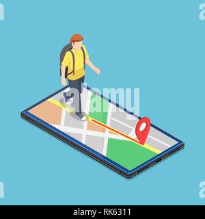 Appartamento 3D isometrica viaggiatore utilizzare mappa applicazione sullo smartphone per raggiungere la destinazione. Mobile di navigazione GPS il concetto di sistema. Illustrazione Vettoriale