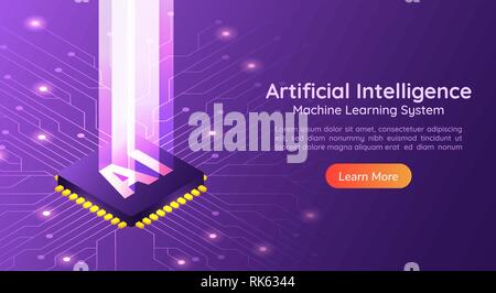 3D isometrica di banner per il web di intelligenza artificiale AI con pilastro di luce sul circuito integrato del computer. AI e macchina il concetto di apprendimento landing page. Illustrazione Vettoriale