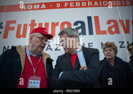 Roma, 09/02/2019: 'futuro al lavoro" manifestazione nazionale unitaria dei sindacati CGIL, CISL e UIL. Maurizio Landini, segretario della CGIL, e Susa Foto Stock