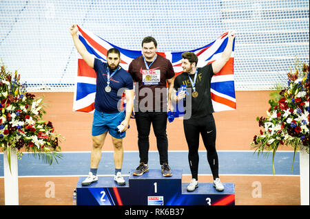 Birmingham, Regno Unito. Il 9 febbraio, 2019. spar campionati vincitori shotput scott Lincoin vince il gold, Youcef vince argento, Samuel Heawood vince il bronzo a Spar British Indoor Athletics Championships di Birmingham, Inghilterra. Credito: Paolo Saripo/Alamy Live News Foto Stock