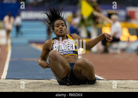 Birmingham, Regno Unito. 9 Feb 2019. 5Allison Wilder in Donne Salto triplo Finale durante la SPAR British Indoor Athletics Championships 2019 all'Arena Birmingham su Sabato, 09 febbraio 2019. BIRMINGHAM INGHILTERRA. (Solo uso editoriale, è richiesta una licenza per uso commerciale. Nessun uso in scommesse, giochi o un singolo giocatore/club/league pubblicazioni.) Credito: Taka G Wu/Alamy News Credito: Taka Wu/Alamy Live News Foto Stock