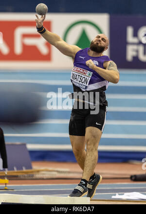 Birmingham, Regno Unito. 9 Feb 2019. Joey Watson in uomini colpo messo durante la finale SPAR British Indoor Athletics Championships 2019 all'Arena Birmingham su Sabato, 09 febbraio 2019. BIRMINGHAM INGHILTERRA. (Solo uso editoriale, è richiesta una licenza per uso commerciale. Nessun uso in scommesse, giochi o un singolo giocatore/club/league pubblicazioni.) Credito: Taka G Wu/Alamy News Credito: Taka Wu/Alamy Live News Foto Stock