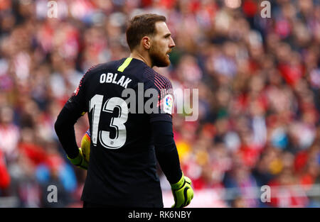 Madrid, Spagna. 9 Feb 2019. Jan Oblak (Club Atletico de Madrid) visto in azione durante la spagnola La Liga match tra Atletico Madrid e Real Madrid a Wanda Metropolitano Stadium di Madrid, Spagna. ( Il punteggio finale Atletico Madrid 1:3 Real Madrid ) Credito: SOPA Immagini limitata/Alamy Live News Foto Stock