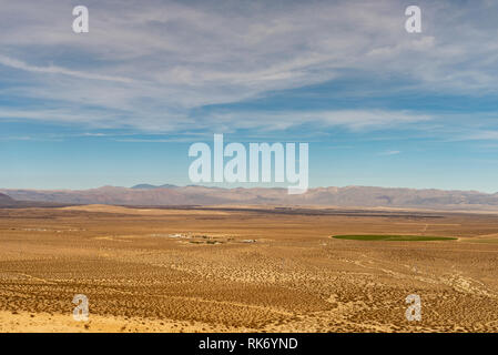 Agricoltura verde cerchio nel deserto marrone sotto il luminoso cielo blu con nuvole bianche. Vista aerea. Foto Stock