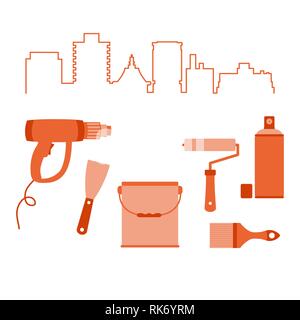 Illustrazione Vettoriale con il paesaggio e gli strumenti per la preparazione e colorazione delle superfici. Costruzione e riparazione della casa strumenti. Pittura e rep Illustrazione Vettoriale