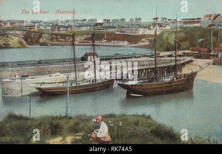 Edwardian vista di Masted le navi a vela nel Porto, Newquay, Cornwall, Inghilterra Foto Stock