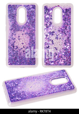 Trasparente custodia in silicone per smartphone con violetta spostando brilla in forma di cuori isolati su sfondo bianco Foto Stock