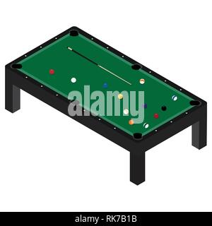 Illustrazione Vettoriale realistico tavolo da biliardo con set di palle da biliardo e cue. Tavolo da biliardo con panno verde isometrica, Prospettiva 3D Illustrazione Vettoriale