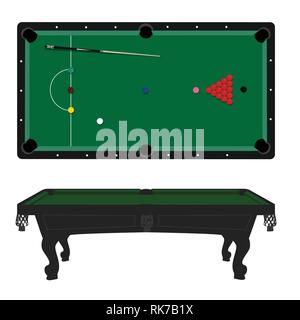 Illustrazione Vettoriale realistico tavolo da biliardo con set di sfere e cue. Tavolo da biliardo con panno verde in alto e vista laterale Illustrazione Vettoriale