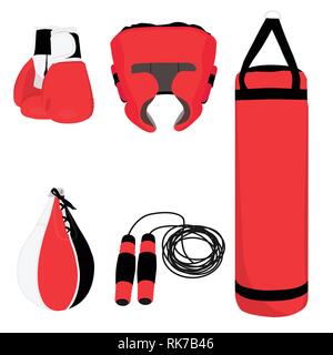 Red boxing set salto con la corda, guantoni da pugilato, borsa, casco e sacco da boxe, attrezzature sportive, attrezzature di inscatolamento Illustrazione Vettoriale
