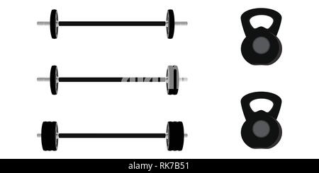 Manubrio nero e vettore kettlebell set. Sport fitness center. Peso attrezzatura di formazione del concetto. Illustrazione Vettoriale