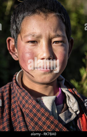 Ritratto di un giovane ragazzo nel villaggio di Laya, Gasa distretto, Snowman Trek, Bhutan Foto Stock