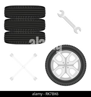 Una pila di pneumatici per auto. Ruote vettura e chiave Imposta icona isolato su bianco. Riparazione auto concept Illustrazione Vettoriale