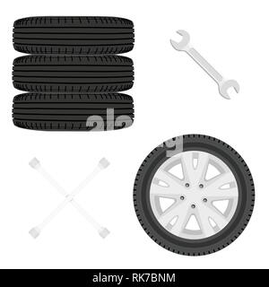 Una pila di pneumatici per auto. Ruote vettura e chiave Imposta icona isolato su bianco. Riparazione auto concept Illustrazione Vettoriale