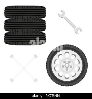 Una pila di pneumatici per auto. Ruote vettura e chiave Imposta icona isolato su bianco. Riparazione auto concept Illustrazione Vettoriale