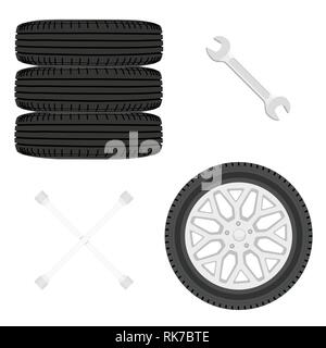 Una pila di pneumatici per auto. Ruote vettura e chiave Imposta icona isolato su bianco. Riparazione auto concept Illustrazione Vettoriale