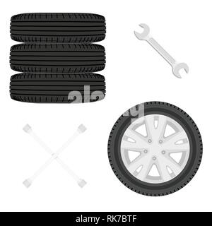 Una pila di pneumatici per auto. Ruote vettura e chiave Imposta icona isolato su bianco. Riparazione auto concept Illustrazione Vettoriale