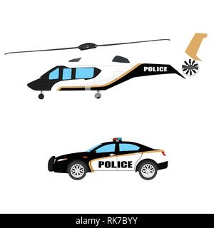 Elicottero della polizia e icona auto. Veicolo di aeromobili. Urgenza di emergenza e i servizi di polizia dei trasporti. Illustrazione Vettoriale Illustrazione Vettoriale