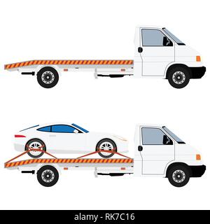 Trainare il carrello fornisce il veicolo danneggiato auto. Illustrazione Vettoriale. Isolato su sfondo bianco. Illustrazione Vettoriale