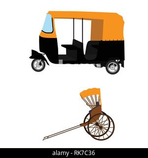 Tuk-tuk e tirata a mano il rickshaw. indian auto rickshaw concetto. Delhi auto. . Illustrazione Vettoriale eps.10 Illustrazione Vettoriale