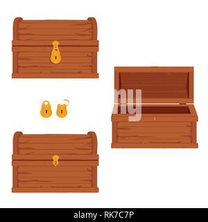 Vector set di icone con il cartoon chiuso e aperto in legno marrone cassapanche pirata e lucchetti su sfondo bianco Illustrazione Vettoriale