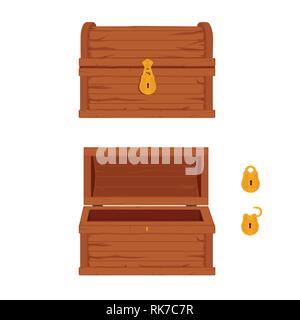 Vector set di icone con il cartoon chiuso e aperto in legno marrone cassapanche pirata e lucchetti su sfondo bianco Illustrazione Vettoriale