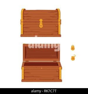 Vector set di icone con il cartoon chiuso e aperto in legno marrone cassapanche pirata con golden strisce metalliche e lucchetti su sfondo bianco Illustrazione Vettoriale