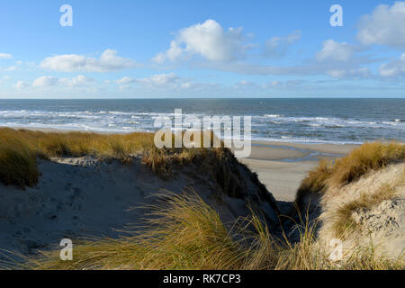 Vista tra due dune, cresciuto con spiaggia di erba, su una spiaggia del Mare del Nord a Texel. Isola in Olanda. Foto Stock